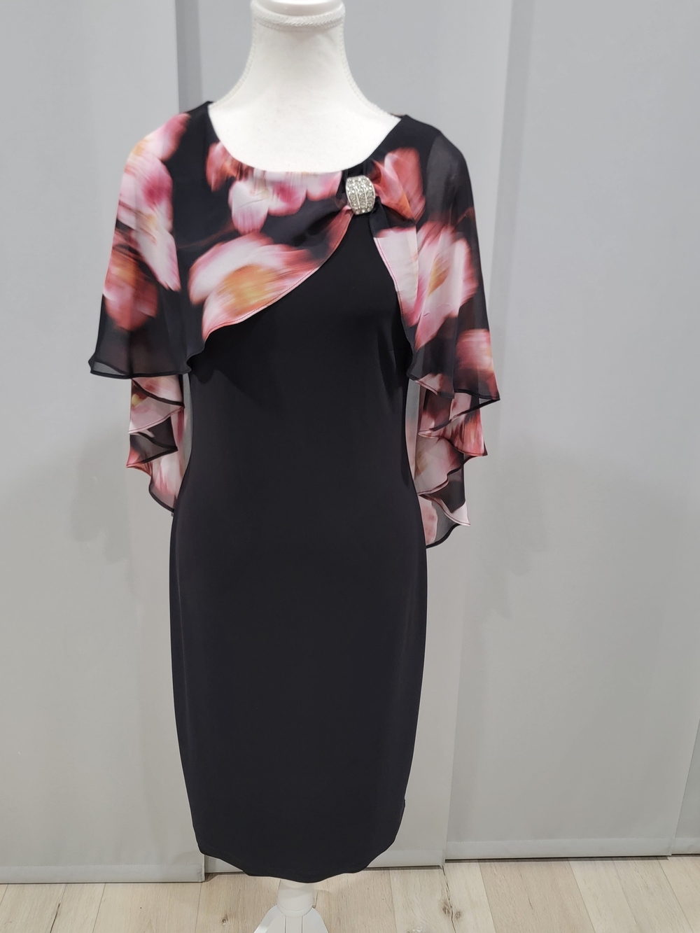 Joseph Ribkoff Black Midi Dress with Pink Floral Capelet
